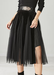 Women Black High Waist Patchwork Tulle Velvet Dress Spring