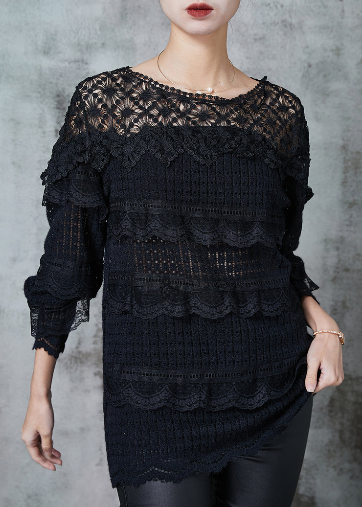 Women Black Hollow Out Patchwork Lace Knit Shirts Spring