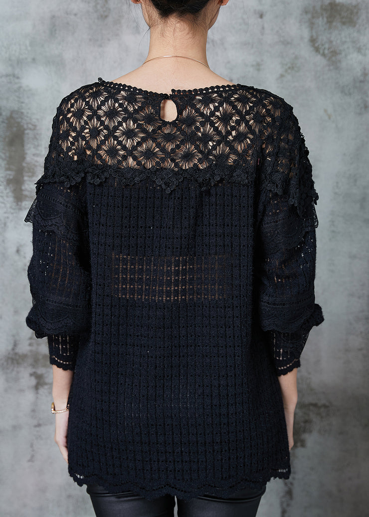 Women Black Hollow Out Patchwork Lace Knit Shirts Spring