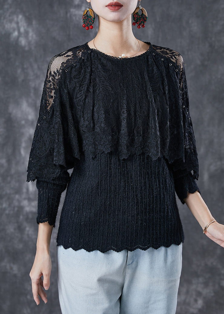 Women Black Hollow Out Patchwork Lace Tops Spring