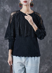 Women Black Hollow Out Patchwork Lace Tops Spring