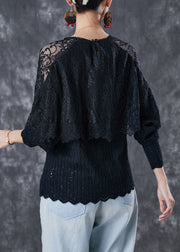 Women Black Hollow Out Patchwork Lace Tops Spring