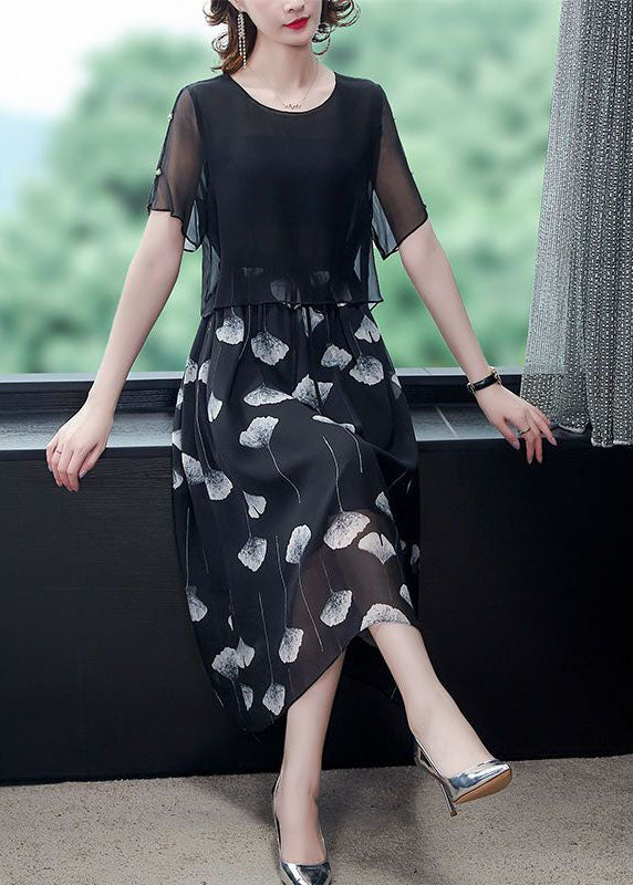 Women Black Hollow Out Patchwork Silk Fake Two Piece Dress Summer