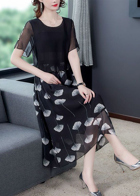 Women Black Hollow Out Patchwork Silk Fake Two Piece Dress Summer