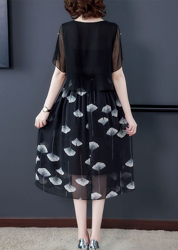 Women Black Hollow Out Patchwork Silk Fake Two Piece Dress Summer