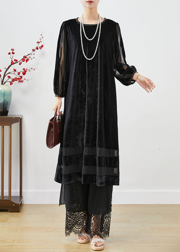 Women Black Hollow Out Patchwork Silk Velour Maxi Dresses Bracelet Sleeve