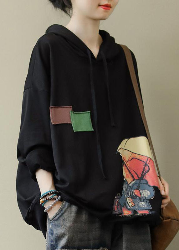 Women Black Hooded Cotton Sweatshirt Street wear Spring