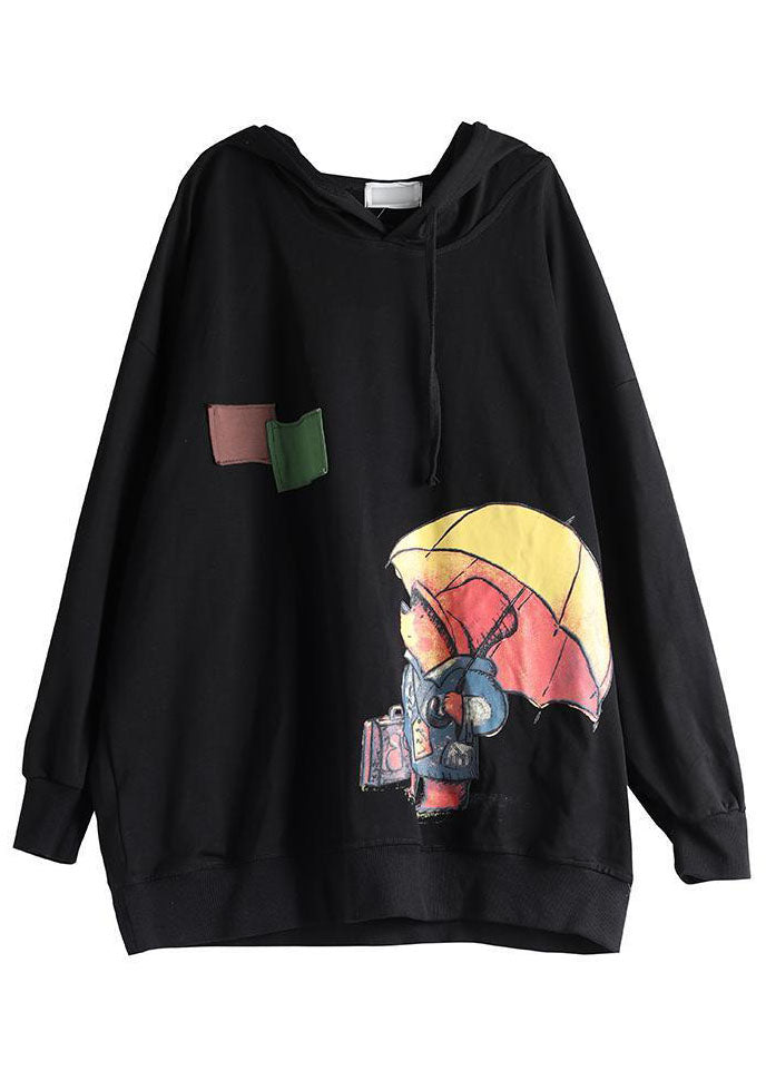 Women Black Hooded Cotton Sweatshirt Street wear Spring