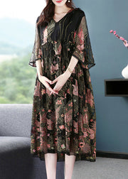 Women Black Hooded Embroideried Silk A Line Dress Summer