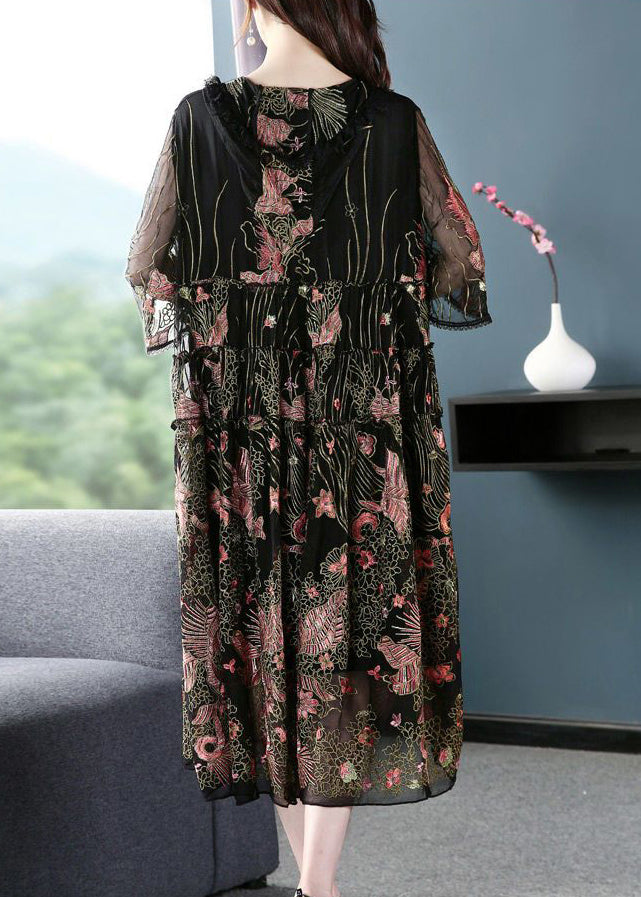 Women Black Hooded Embroideried Silk A Line Dress Summer