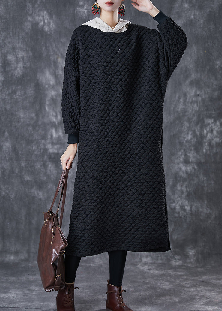 Women Black Hooded Patchwork Fine Cotton Filled Dress Winter