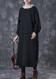 Women Black Hooded Patchwork Fine Cotton Filled Dress Winter