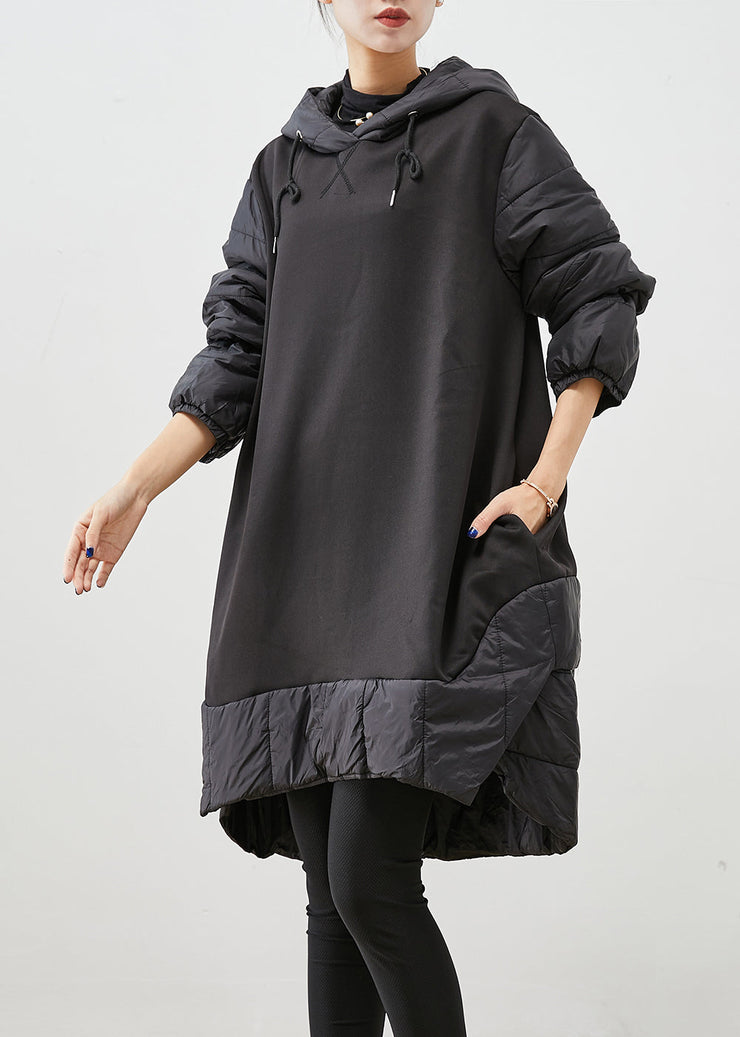 Women Black Hooded Patchwork Thick Cotton Pullover Sweatshirt Dress Fall