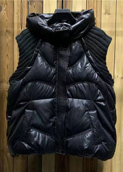 Women Black Hooded Pockets Knit Patchwork Duck Down Waistcoat Sleeveless