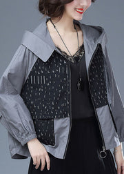 Women Black Hooded Print Pockets Patchwork Cotton Tops Coats Fall