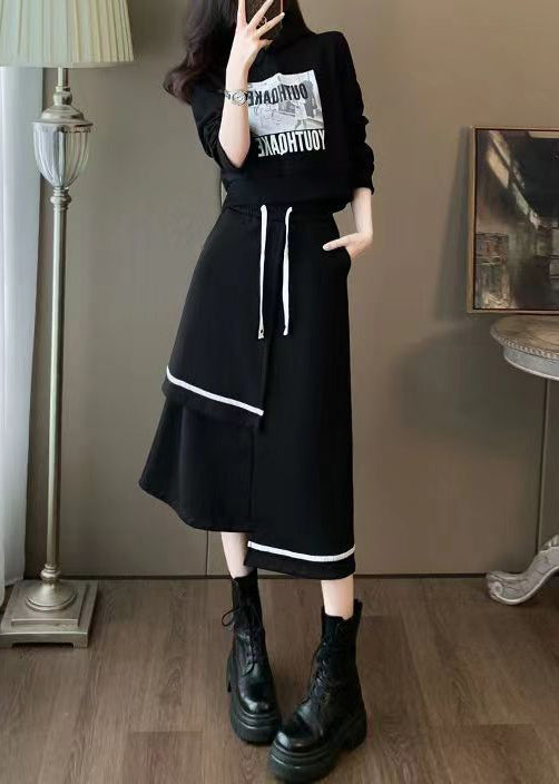 Women Black Hooded Sweatshirt And Skirts Cotton Two Piece Set Spring