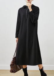 Women Black Hooded Zippered Cotton Sweatshirts Dress Spring