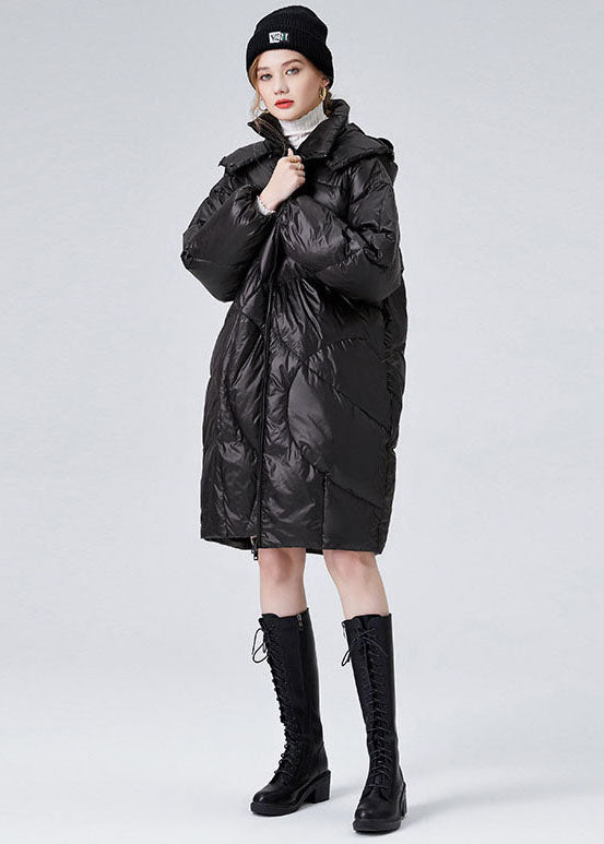 Women Black Hooded Zippered  Duck Down Puffers Jackets Winter