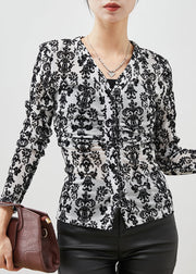 Women Black Jacquard Silm Fit Cotton Blouses Spring