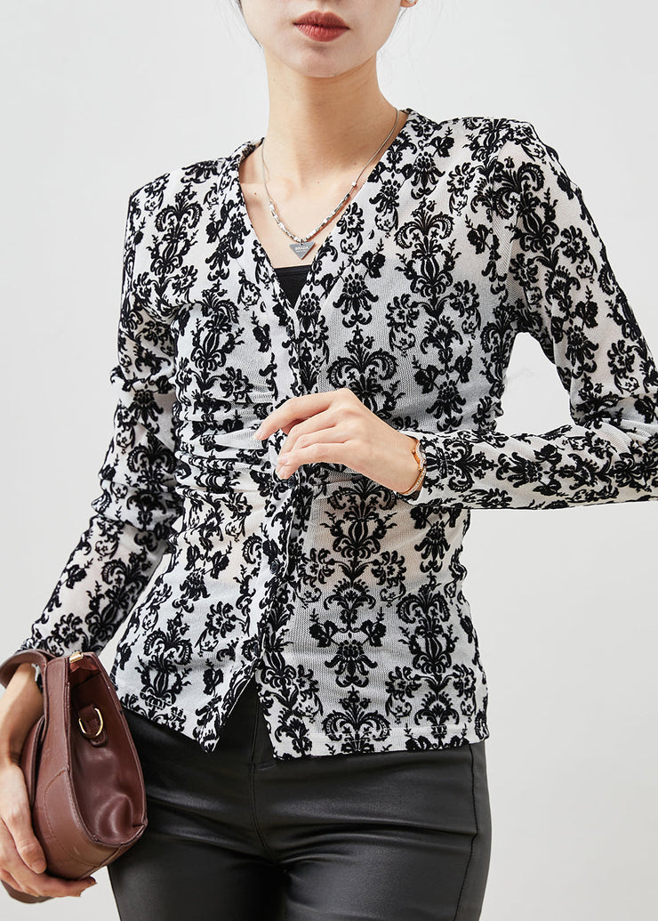 Women Black Jacquard Silm Fit Cotton Blouses Spring