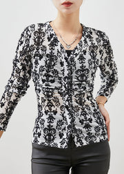 Women Black Jacquard Silm Fit Cotton Blouses Spring