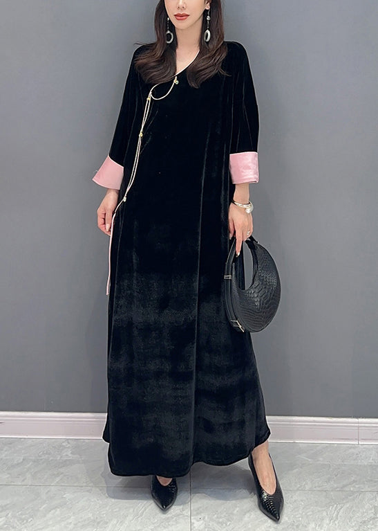 Women Black Lace Up Side Open Patchwork Velour Long Dress Fall