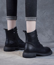 Women Black Lace Up Warm Fleece Cowhide Leather Ankle Boots