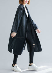 Women Black Notched Pockets Denim Trench Fall