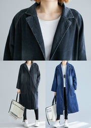 Women Black Notched Pockets Denim Trench Fall