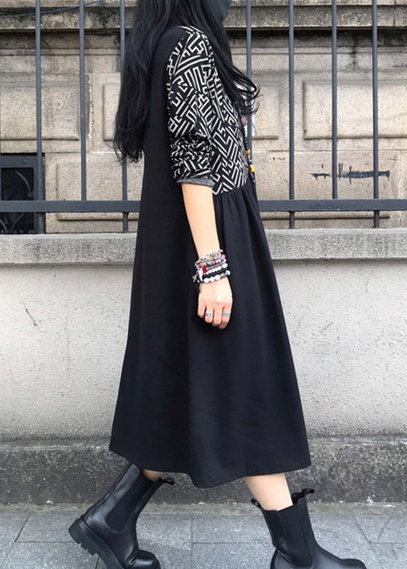 Women Black O-Neck Asymmetrical Patchwork Cotton Maxi Dress Long Sleeve