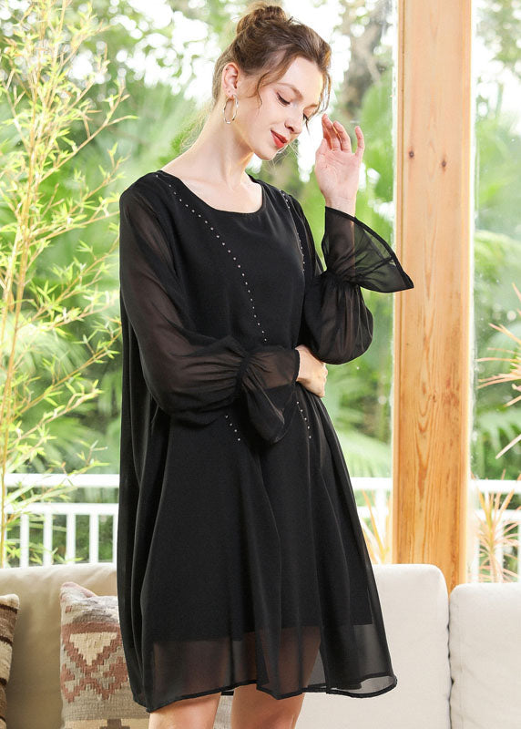 Women Black O-Neck Chiffon A Line Dress Lantern Sleeve