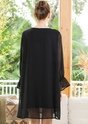 Women Black O-Neck Chiffon A Line Dress Lantern Sleeve