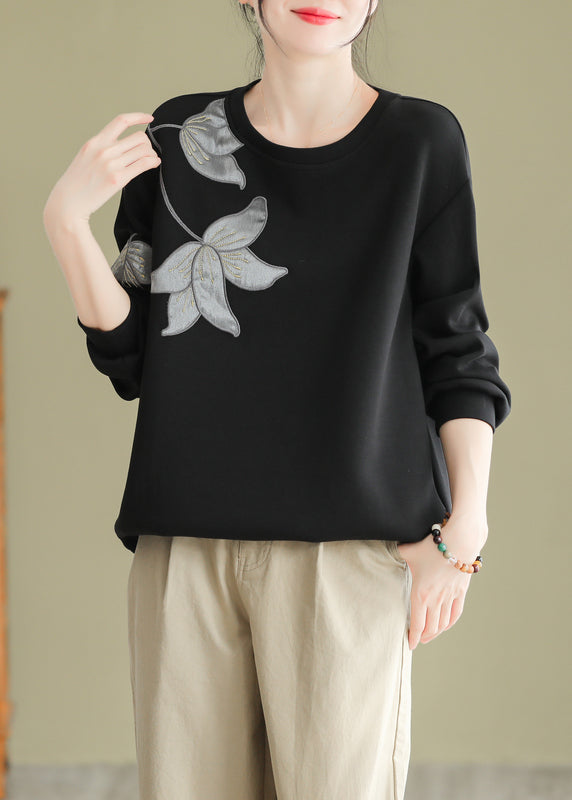 Women Black O Neck Embroidered Cotton Pullover Sweatshirt Fall