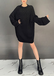 Women Black O Neck Hollow Out Knit Dress Fall