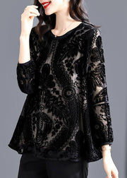 Women Black O-Neck Hollow Out Patchwork Silk Velour Top Fall