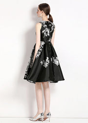 Women Black O Neck Jacquard Patchwork Chiffon Mid Dress Sleeveless