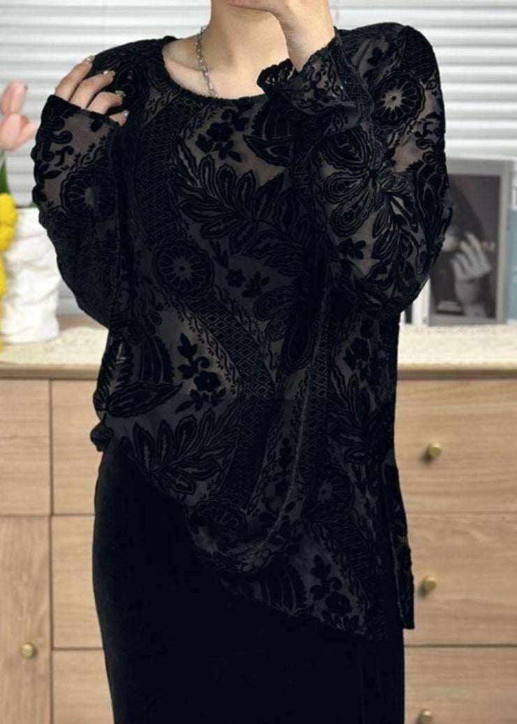 Women Black O Neck Jacquard Silk Velour Shirt Tops Fall