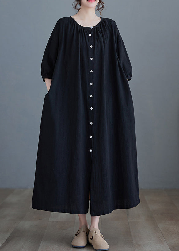 Women Black O-Neck Long Dress Half Sleeve