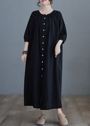 Women Black O-Neck Long Dress Half Sleeve