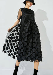 Women Black O-Neck Patchwork Dot Tulle Holiday Dress Summer