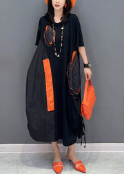 Women Black O-Neck Patchwork Drawstring Holiday Long Dress Short Sleeve