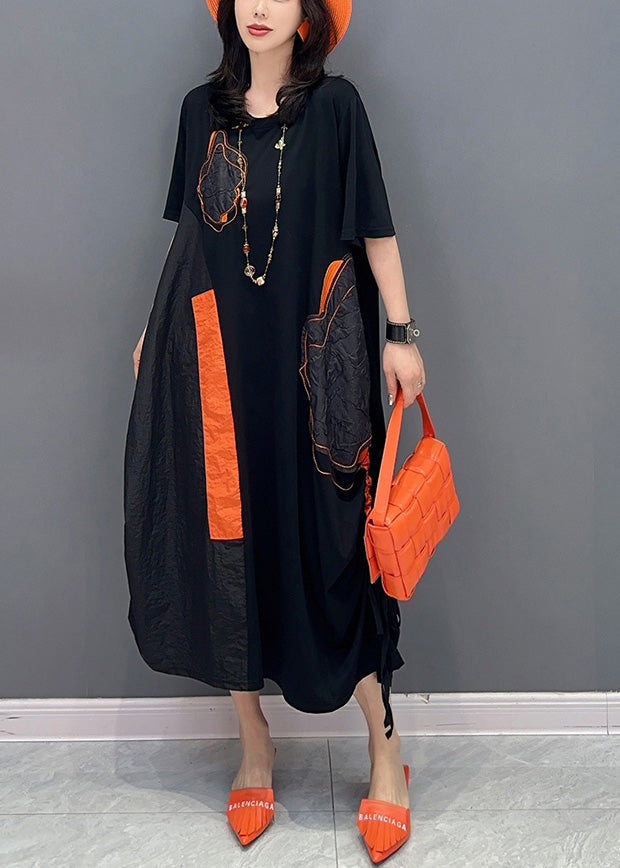 Women Black O-Neck Patchwork Drawstring Holiday Long Dress Short Sleeve