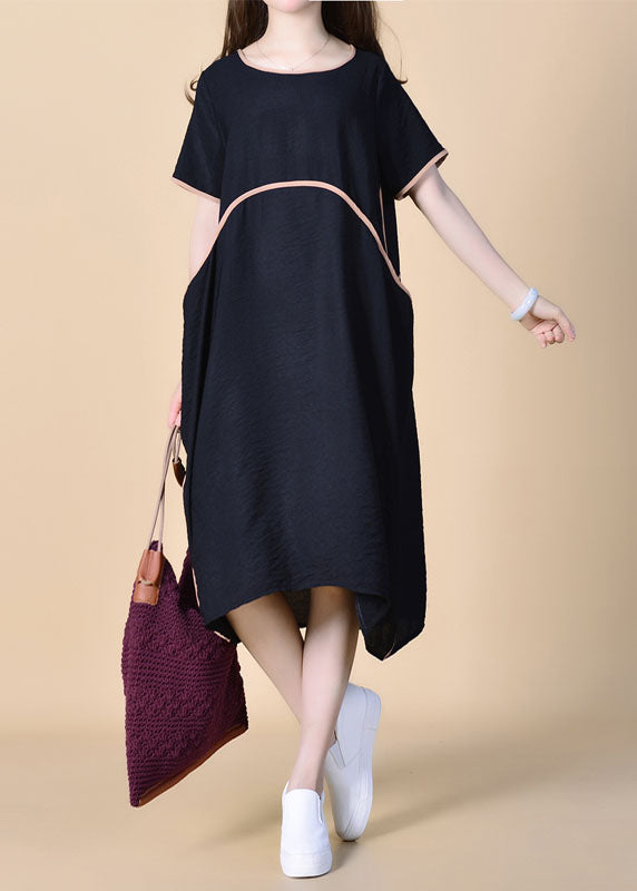 Women Black O Neck Patchwork Linen Dress Summer