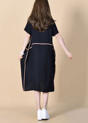 Women Black O Neck Patchwork Linen Dress Summer