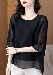 Women Black O Neck Patchwork Silk Tops Summer