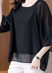 Women Black O Neck Patchwork Silk Tops Summer