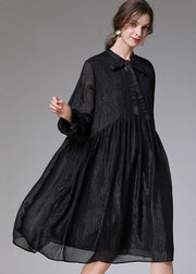 Women Black O-Neck Patchwork Wrinkled Chiffon Mid Dresses Long Sleeve