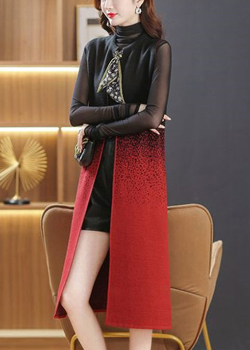 Women Black O Neck Pockets Lace Up Patchwork Woolen Long Waistcoat Sleeveless