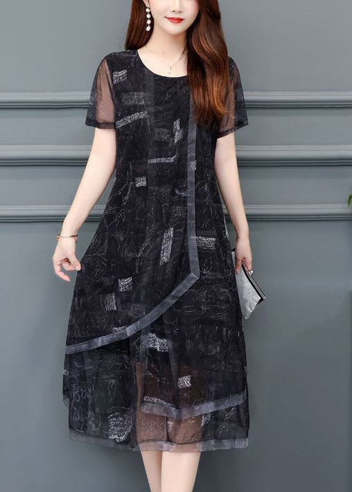 Women Black O-Neck Print Chiffon Holiday Dress Summer