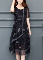 Women Black O-Neck Print Chiffon Holiday Dress Summer